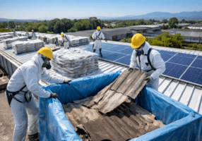 Immagine che mostra operai durante la rimozione dell'amianto e l'installazione di pannelli fotovoltaici su un tetto industriale, rappresentando gli interventi previsti dal Bando ISI INAIL 2026. L'immagine evidenzia l'importanza dell'efficientamento energetico e della bonifica amianto per le imprese.